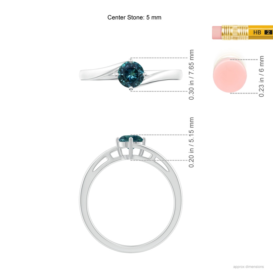 5mm AAA Classic Round Teal Montana Sapphire Solitaire Bypass Ring in White Gold ruler