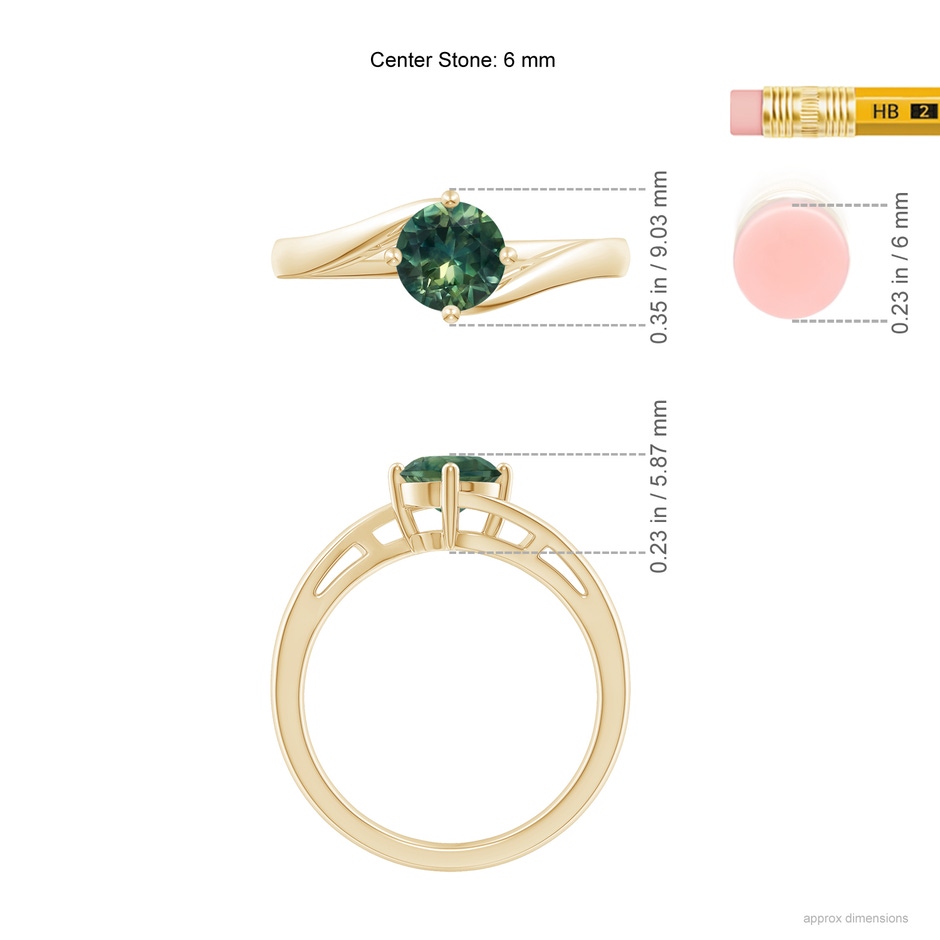 6mm AA Classic Round Teal Montana Sapphire Solitaire Bypass Ring in Yellow Gold ruler