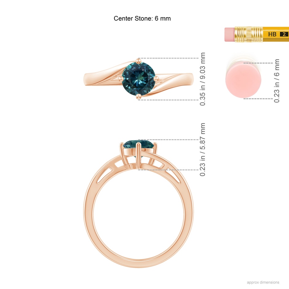 6mm AAA Classic Round Teal Montana Sapphire Solitaire Bypass Ring in Rose Gold ruler