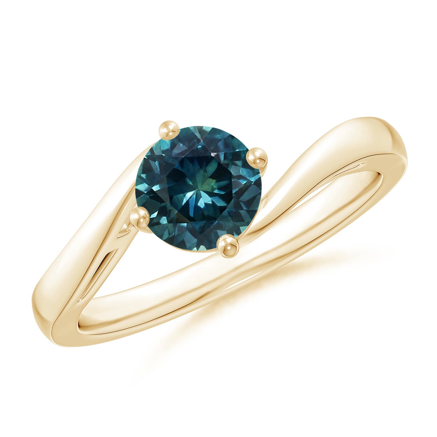 6mm AAA Classic Round Teal Montana Sapphire Solitaire Bypass Ring in Yellow Gold