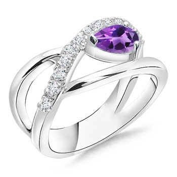 6x4mm AAA Criss Cross Pear Shaped Amethyst Ring with Diamond Accents in White Gold