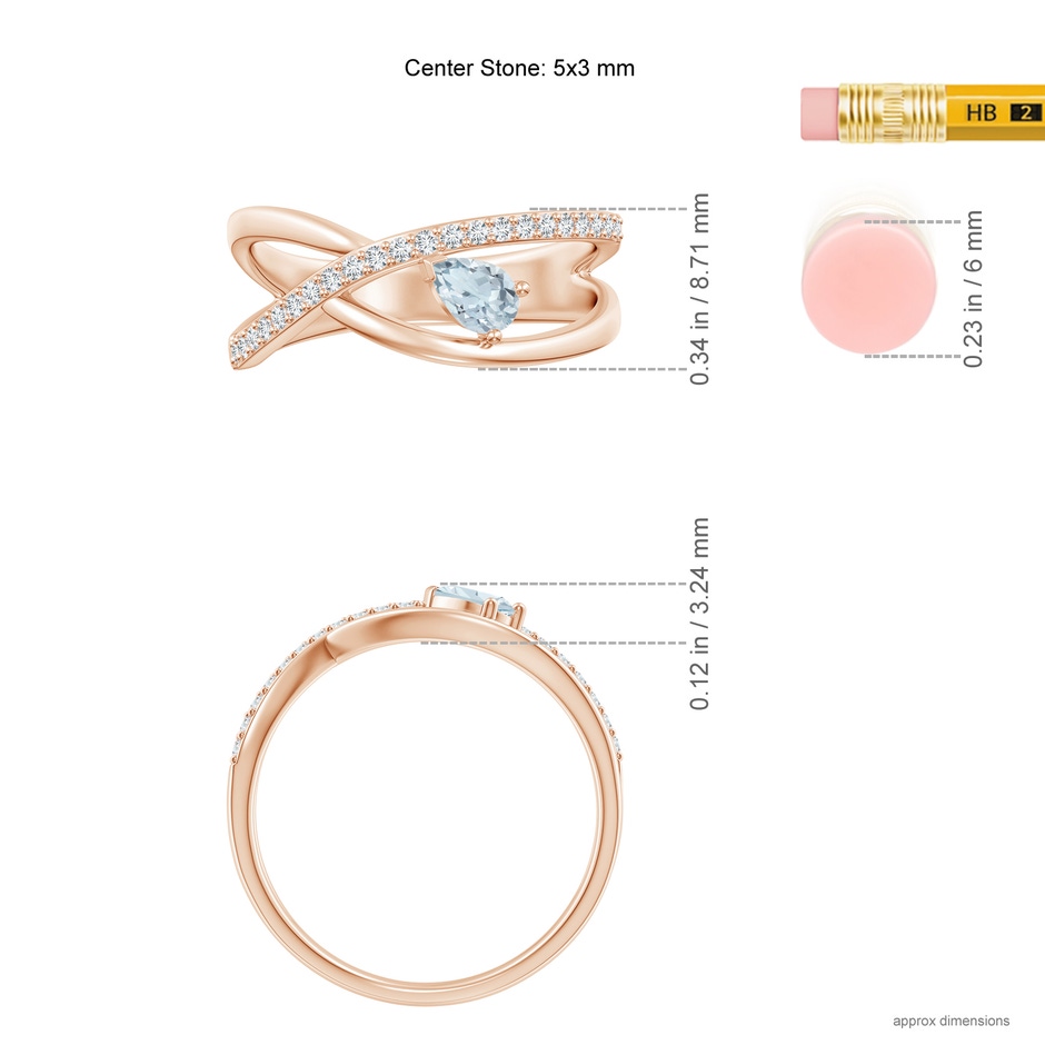 5x3mm A Criss Cross Pear Shaped Aquamarine Ring with Diamond Accents in Rose Gold ruler