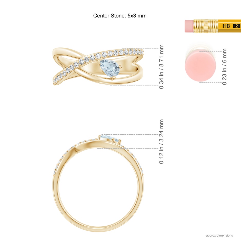 5x3mm A Criss Cross Pear Shaped Aquamarine Ring with Diamond Accents in Yellow Gold ruler