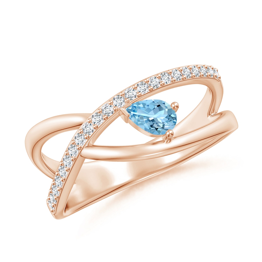 5x3mm AAAA Criss Cross Pear Shaped Aquamarine Ring with Diamond Accents in Rose Gold