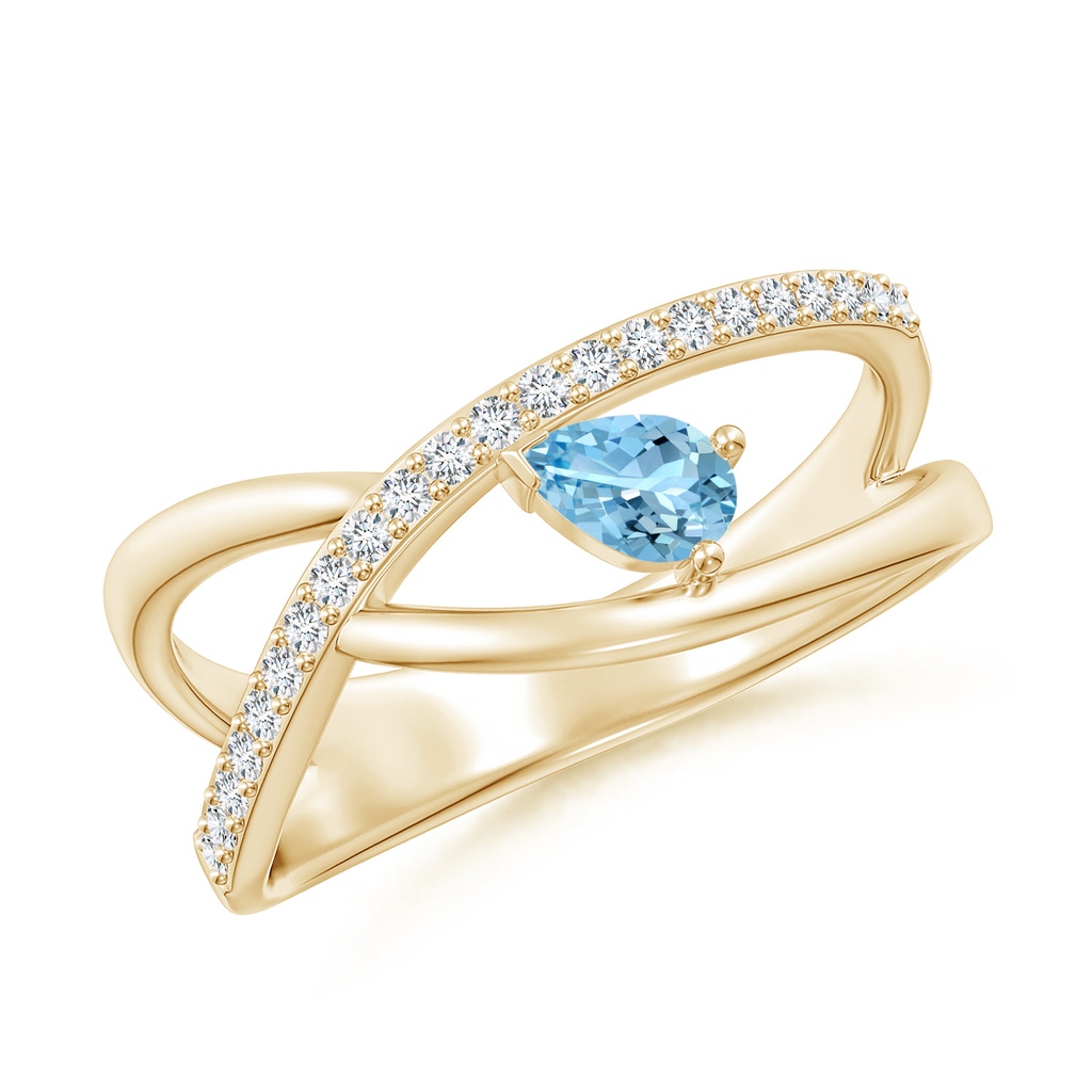 5x3mm AAAA Criss Cross Pear Shaped Aquamarine Ring with Diamond Accents in Yellow Gold