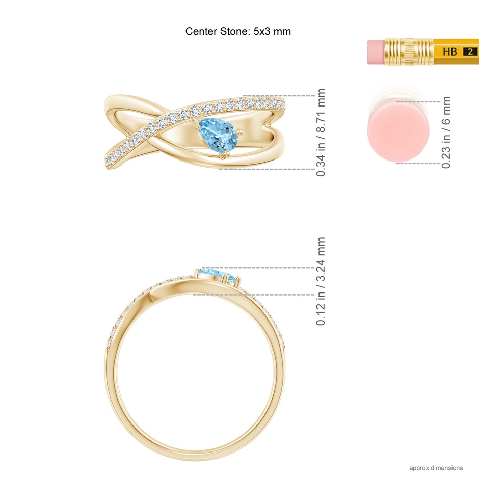 5x3mm AAAA Criss Cross Pear Shaped Aquamarine Ring with Diamond Accents in Yellow Gold ruler