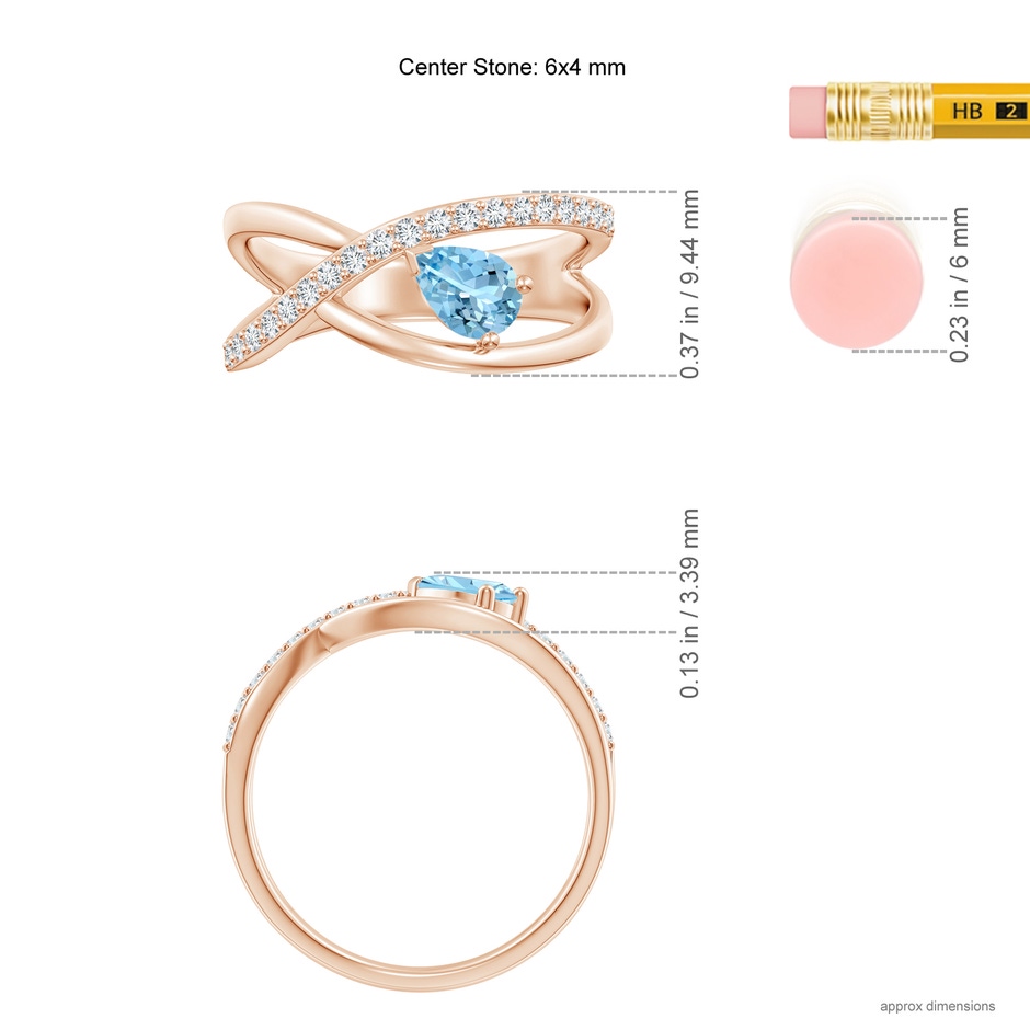 6x4mm AAAA Criss Cross Pear Shaped Aquamarine Ring with Diamond Accents in Rose Gold ruler