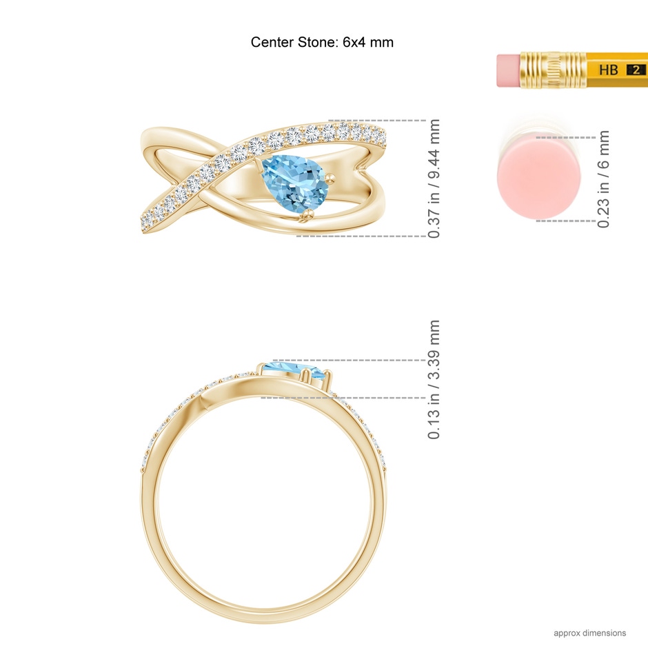 6x4mm AAAA Criss Cross Pear Shaped Aquamarine Ring with Diamond Accents in Yellow Gold ruler