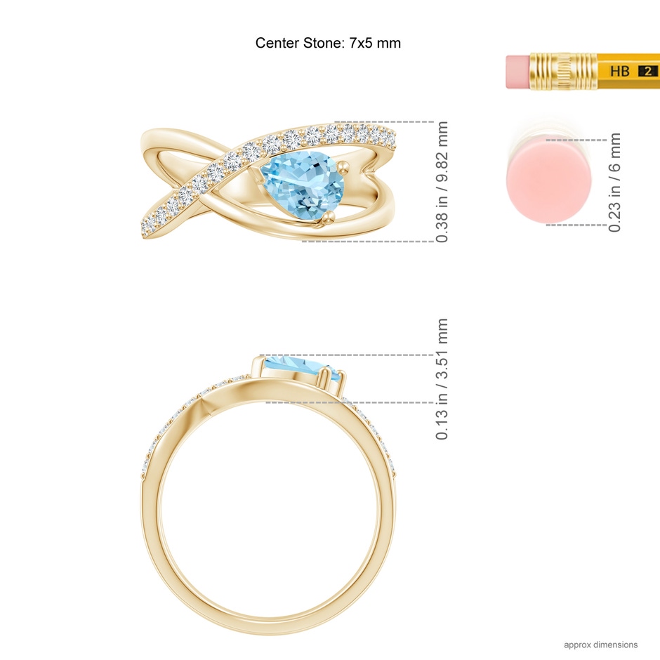 7x5mm AAAA Criss Cross Pear Shaped Aquamarine Ring with Diamond Accents in Yellow Gold ruler