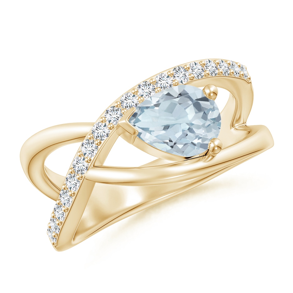 8x6mm A Criss Cross Pear Shaped Aquamarine Ring with Diamond Accents in Yellow Gold 