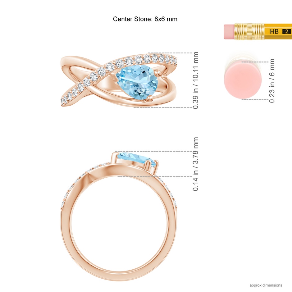 8x6mm AAAA Criss Cross Pear Shaped Aquamarine Ring with Diamond Accents in Rose Gold ruler