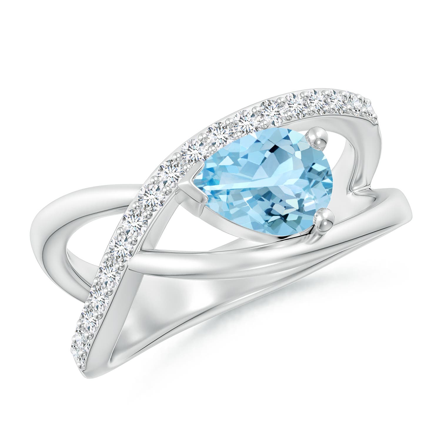 8x6mm AAAA Criss Cross Pear Shaped Aquamarine Ring with Diamond Accents in White Gold