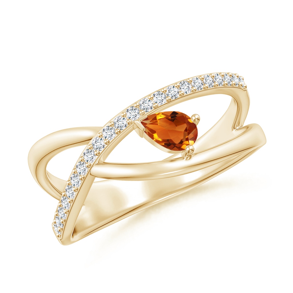 5x3mm AAAA Criss Cross Pear Shaped Citrine Ring with Diamond Accents in Yellow Gold