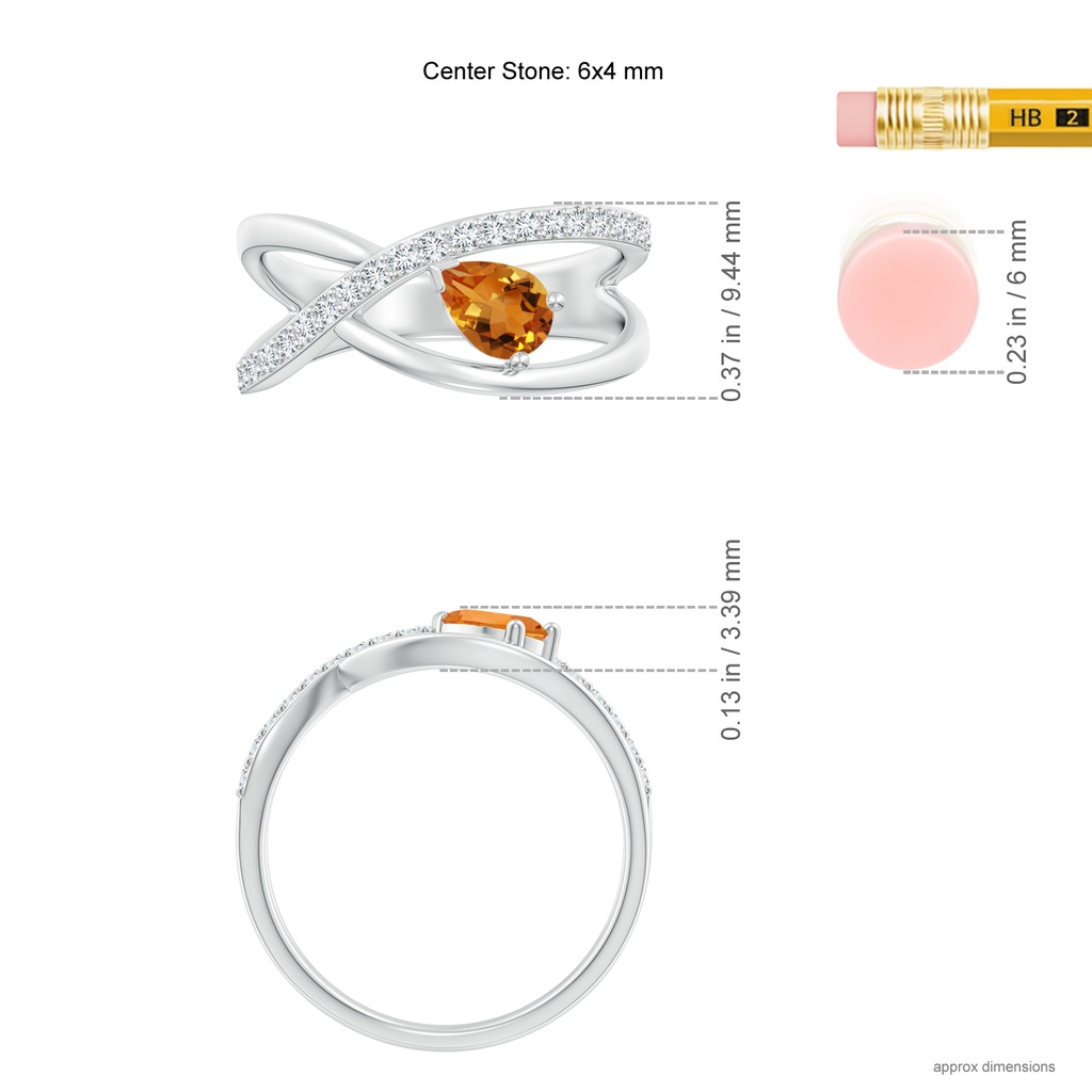 6x4mm AAA Criss Cross Pear Shaped Citrine Ring with Diamond Accents in White Gold Ruler