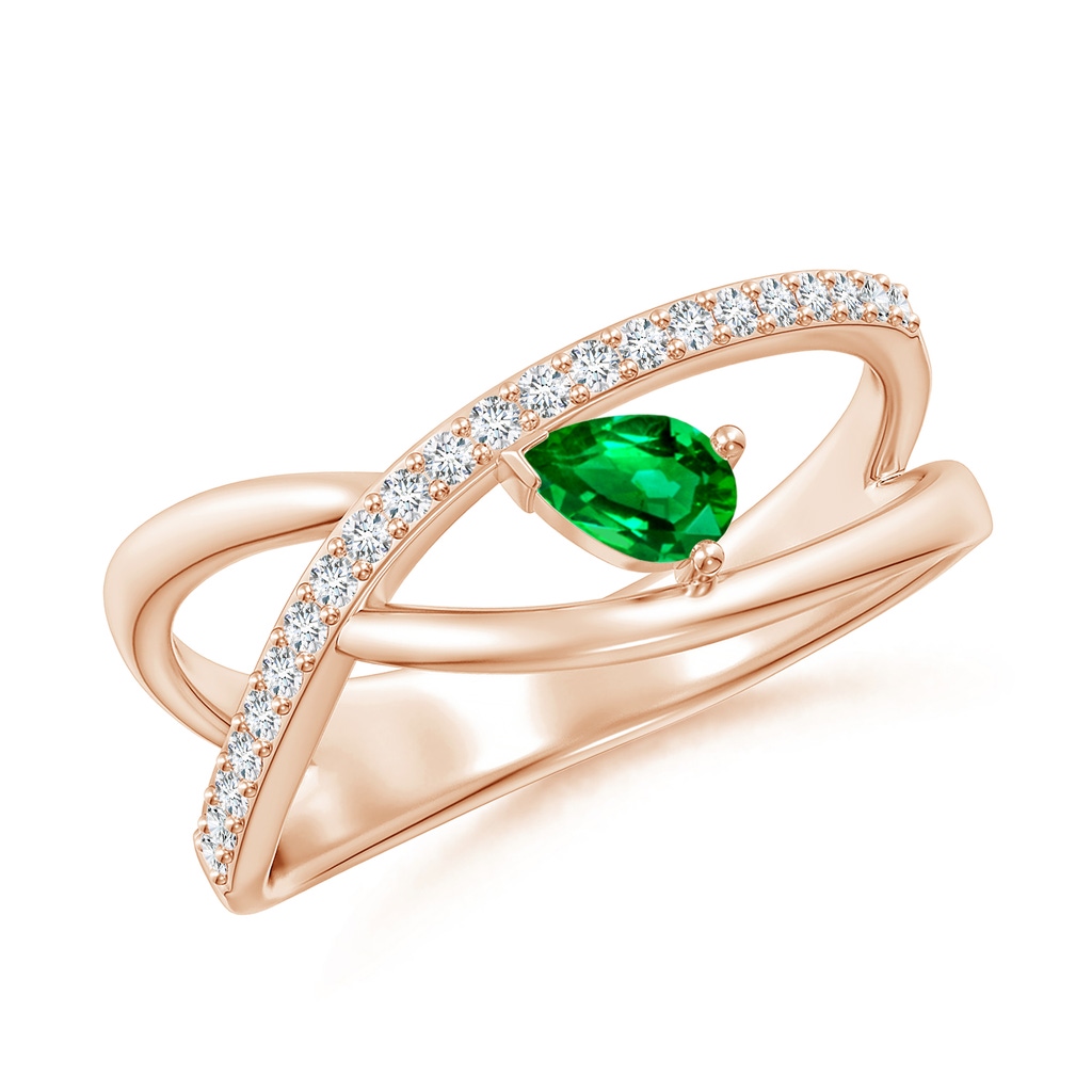 5x3mm AAAA Criss Cross Pear Shaped Emerald Ring with Diamond Accents in Rose Gold