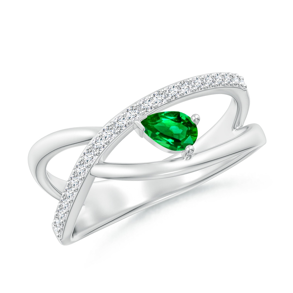 5x3mm AAAA Criss Cross Pear Shaped Emerald Ring with Diamond Accents in White Gold