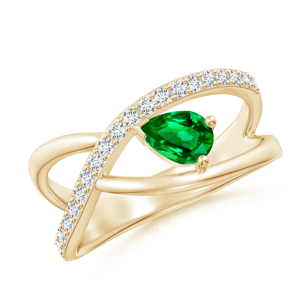 6x4mm Lab-Grown Criss Cross Pear Shaped Emerald Ring with Diamond Accents in Yellow Gold