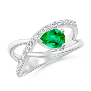 7x5mm AAA Criss Cross Pear Shaped Emerald Ring with Diamond Accents in White Gold