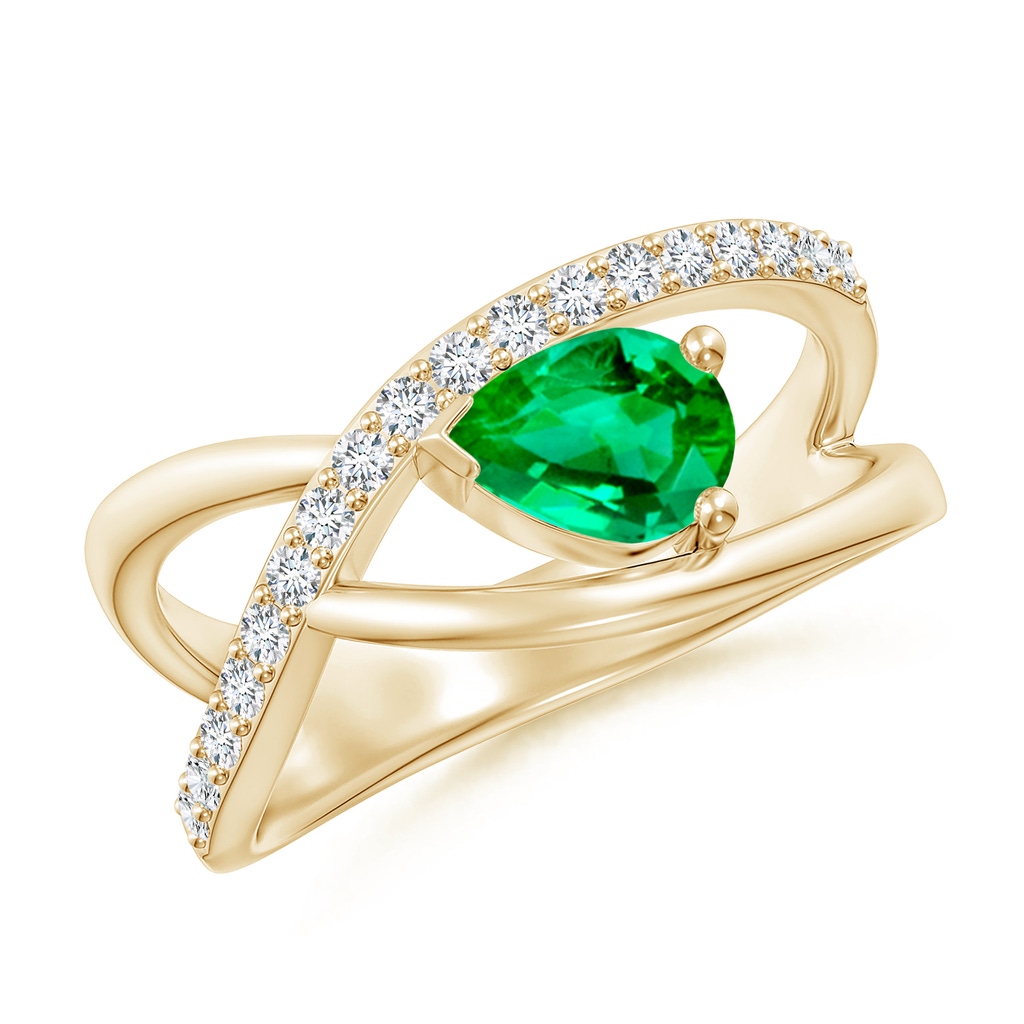 7x5mm AAA Criss Cross Pear Shaped Emerald Ring with Diamond Accents in Yellow Gold