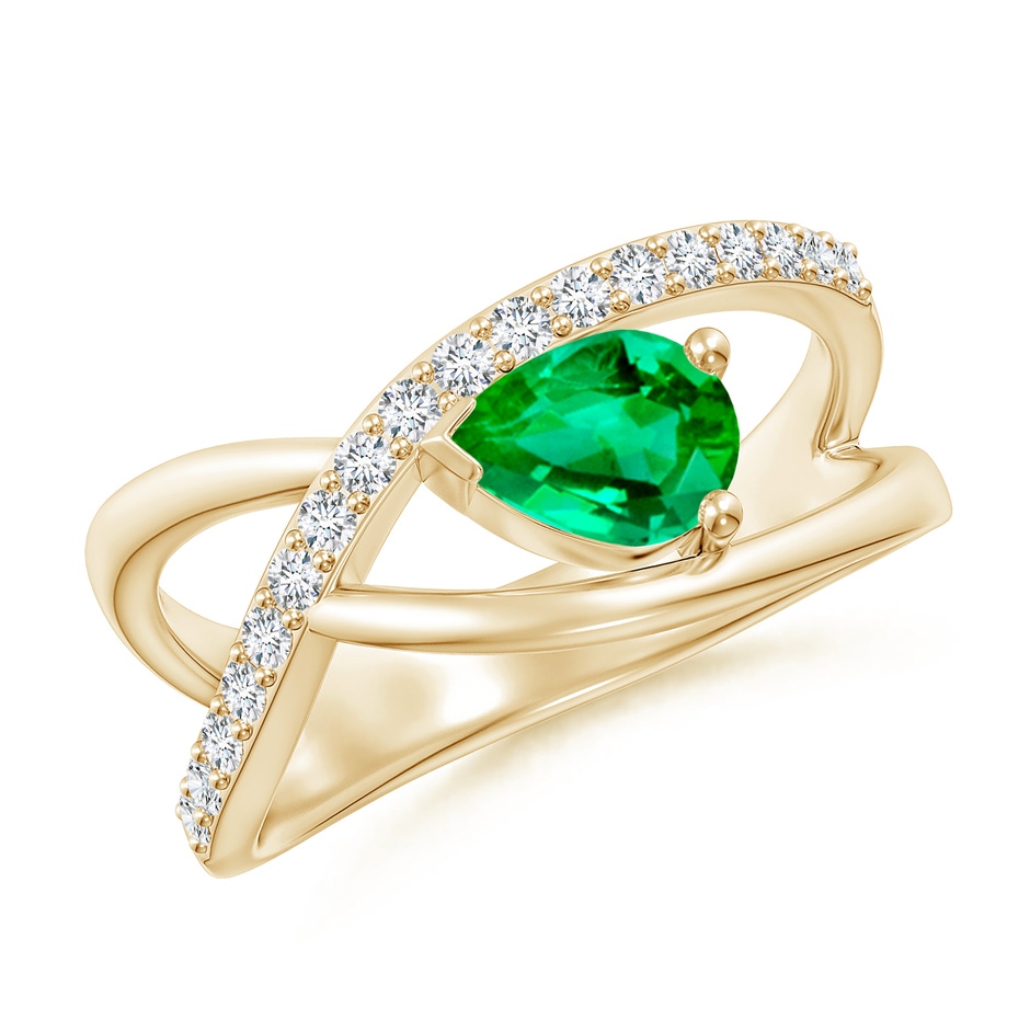 7x5mm AAA Criss Cross Pear Shaped Emerald Ring with Diamond Accents in Yellow Gold 