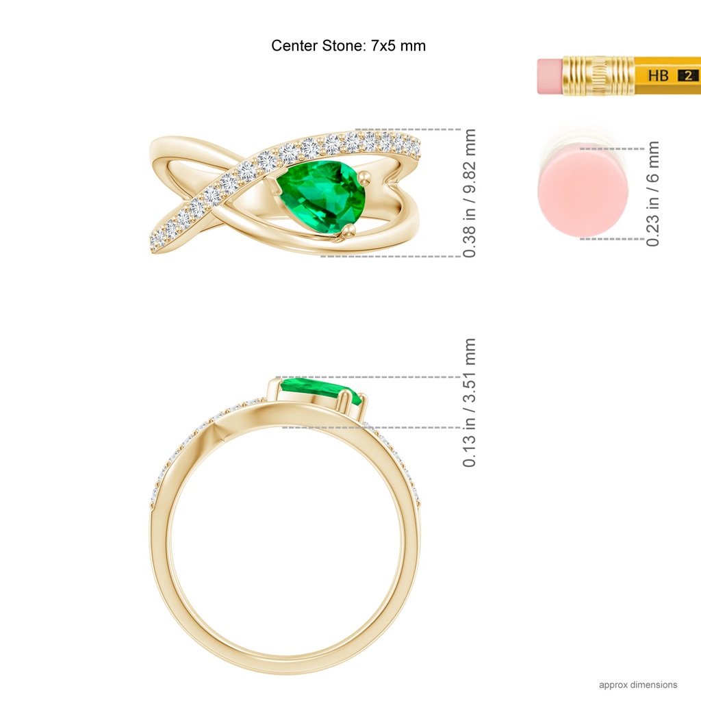 7x5mm AAA Criss Cross Pear Shaped Emerald Ring with Diamond Accents in Yellow Gold Ruler