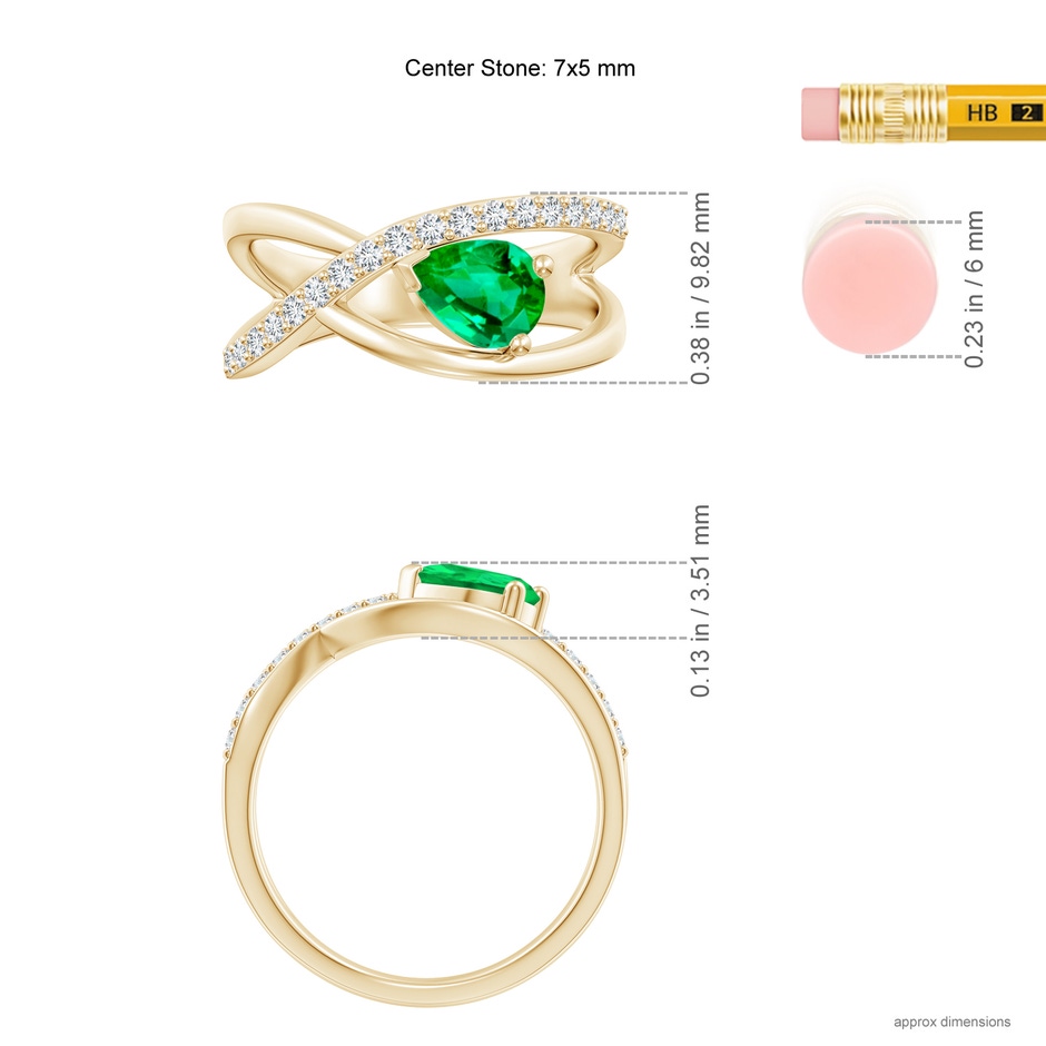 7x5mm AAA Criss Cross Pear Shaped Emerald Ring with Diamond Accents in Yellow Gold ruler