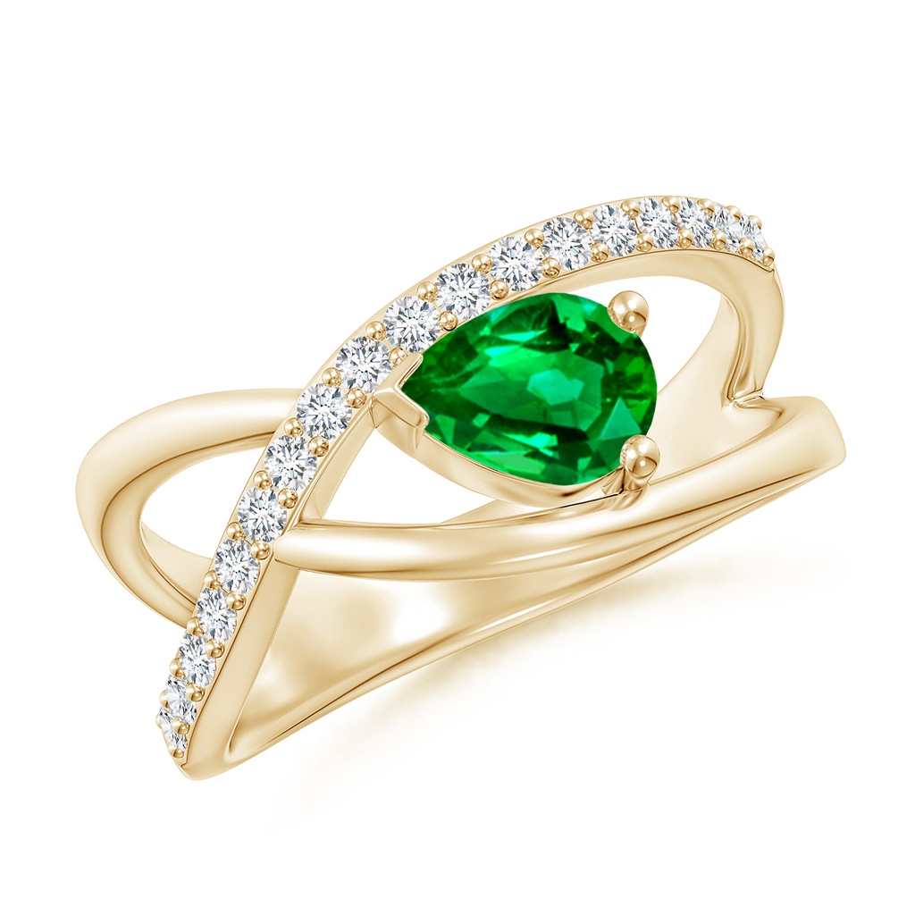 7x5mm AAAA Criss Cross Pear Shaped Emerald Ring with Diamond Accents in Yellow Gold