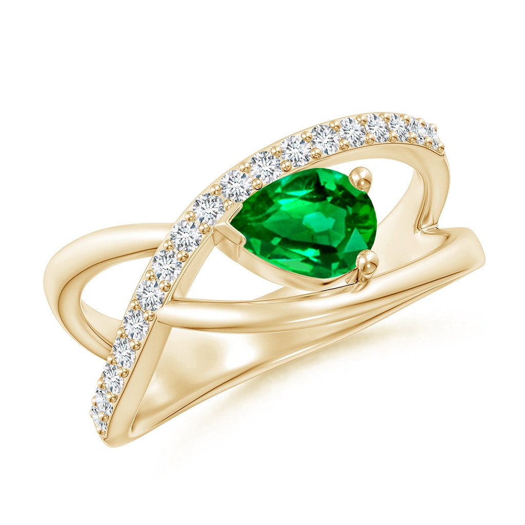 7x5mm Lab-Grown Criss Cross Pear Shaped Emerald Ring with Diamond Accents in Yellow Gold