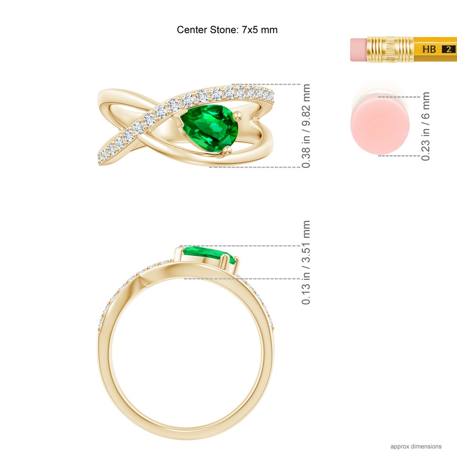 7x5mm Lab-Grown Criss Cross Pear Shaped Emerald Ring with Diamond Accents in Yellow Gold ruler