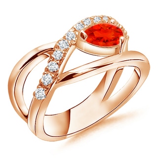 6x4mm AAAA Criss Cross Pear Shaped Fire Opal Ring with Diamond Accents in 10K Rose Gold