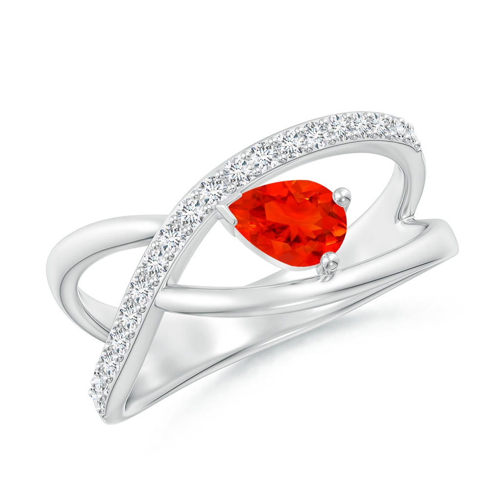 6x4mm AAAA Criss Cross Pear Shaped Fire Opal Ring with Diamond Accents in P950 Platinum