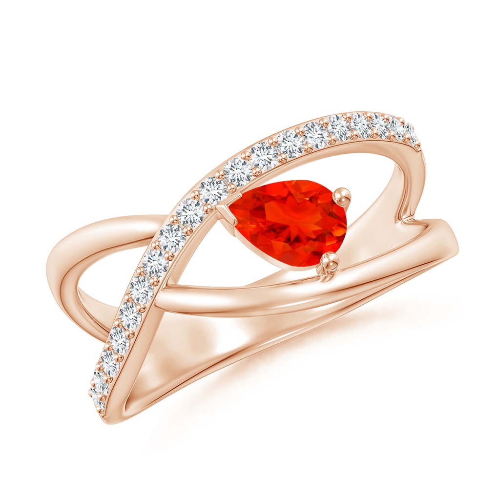 6x4mm AAAA Criss Cross Pear Shaped Fire Opal Ring with Diamond Accents in Rose Gold