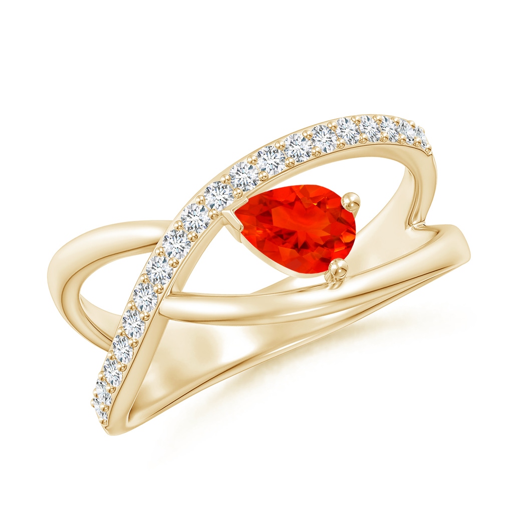6x4mm AAAA Criss Cross Pear Shaped Fire Opal Ring with Diamond Accents in Yellow Gold