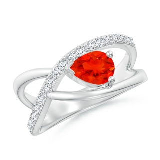 7x5mm AAAA Criss Cross Pear Shaped Fire Opal Ring with Diamond Accents in P950 Platinum