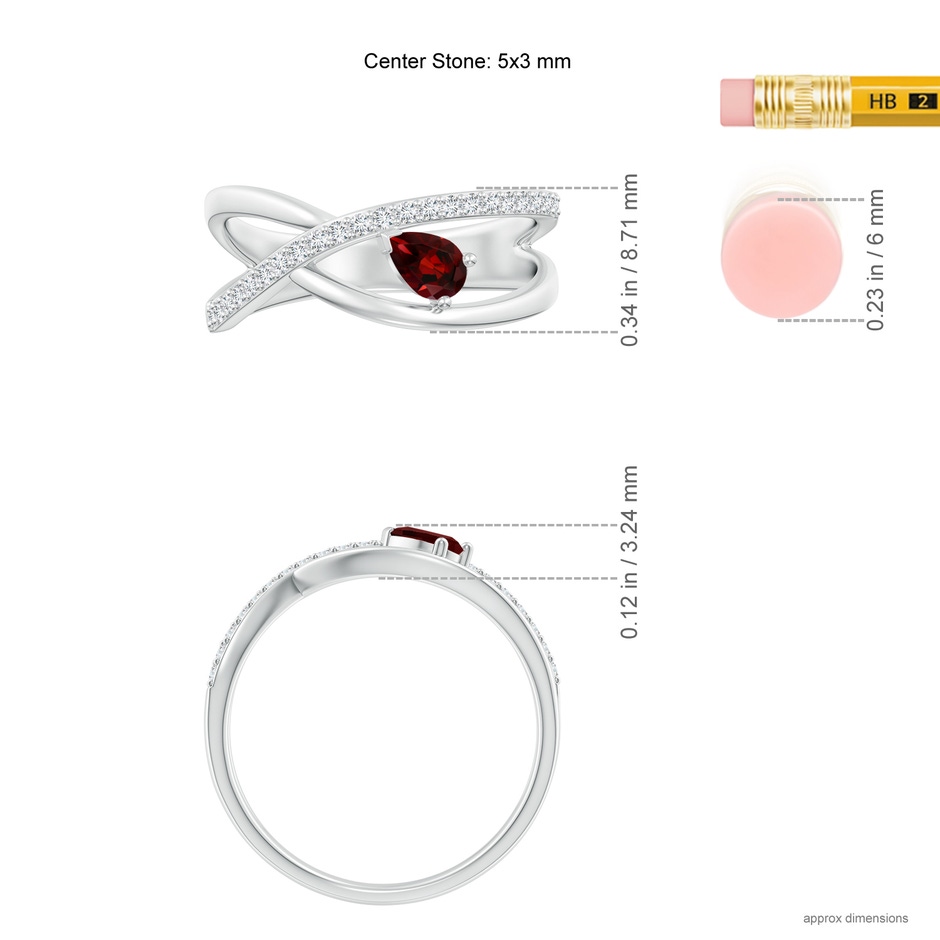 5x3mm AAA Criss Cross Pear Shaped Garnet Ring with Diamond Accents in 18K White Gold ruler