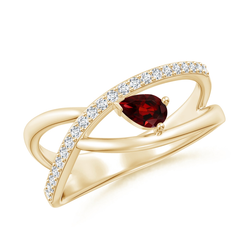 5x3mm AAA Criss Cross Pear Shaped Garnet Ring with Diamond Accents in Yellow Gold