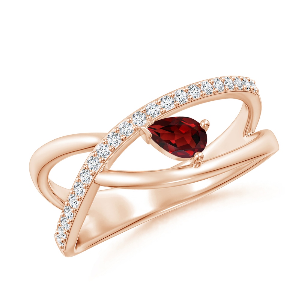 5x3mm AAAA Criss Cross Pear Shaped Garnet Ring with Diamond Accents in Rose Gold
