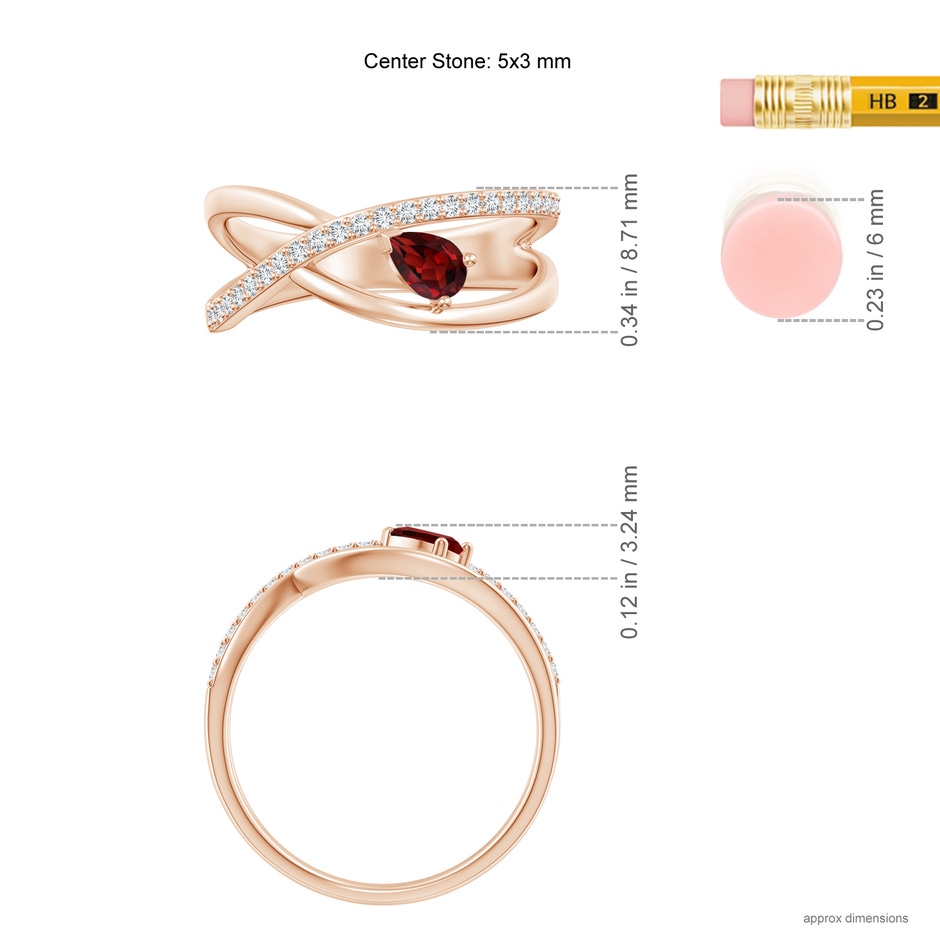 5x3mm AAAA Criss Cross Pear Shaped Garnet Ring with Diamond Accents in Rose Gold ruler