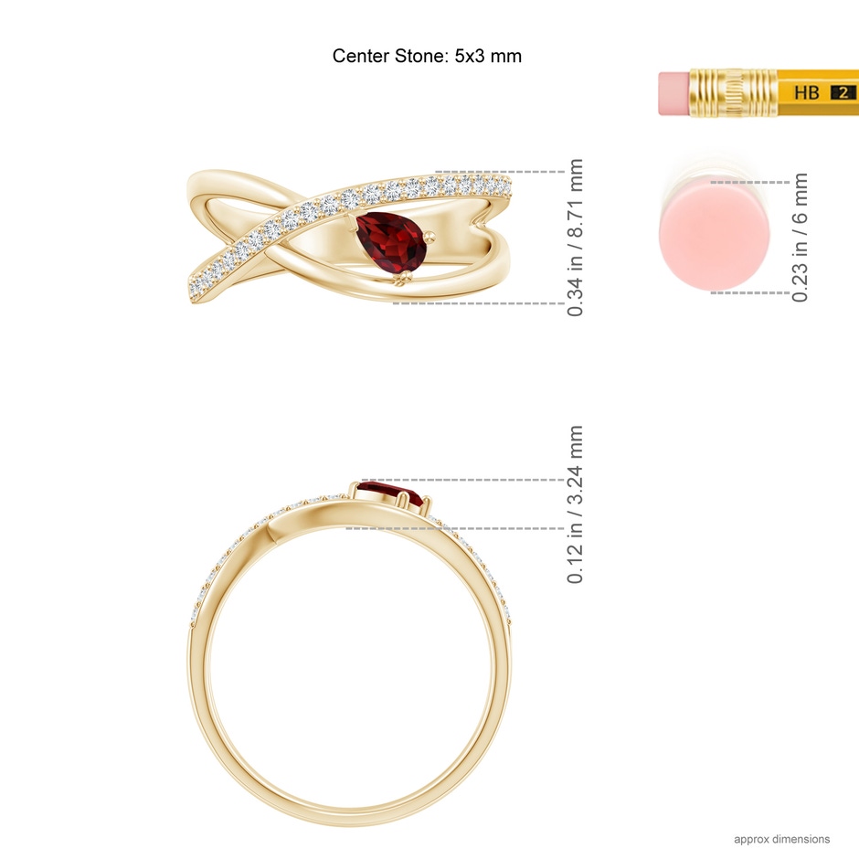 5x3mm AAAA Criss Cross Pear Shaped Garnet Ring with Diamond Accents in Yellow Gold ruler