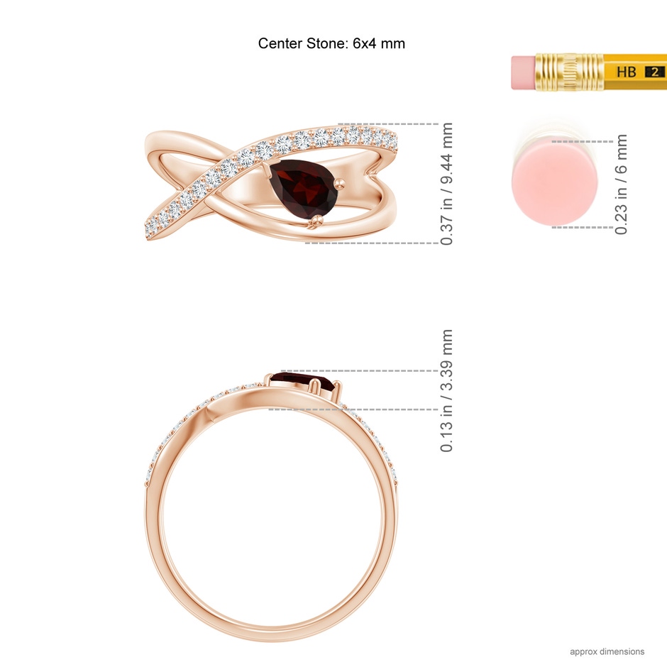 6x4mm A Criss Cross Pear Shaped Garnet Ring with Diamond Accents in Rose Gold ruler