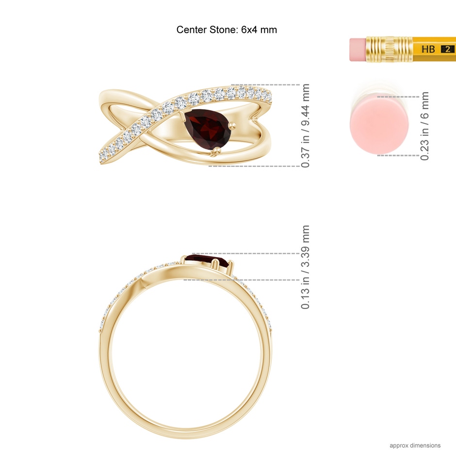 6x4mm A Criss Cross Pear Shaped Garnet Ring with Diamond Accents in Yellow Gold ruler