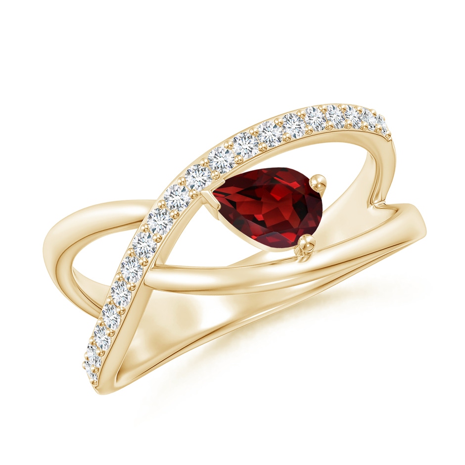 6x4mm AAAA Criss Cross Pear Shaped Garnet Ring with Diamond Accents in Yellow Gold 