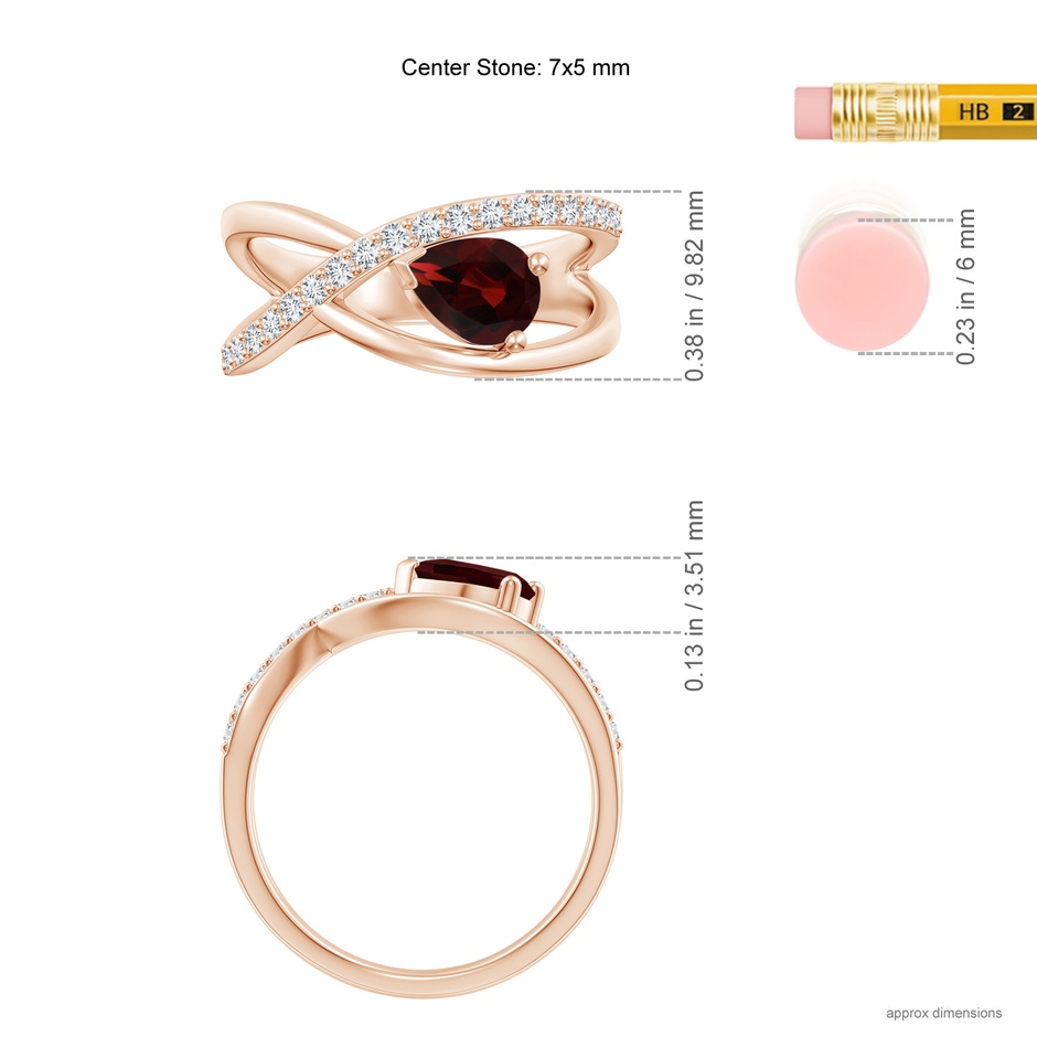7x5mm AA Criss Cross Pear Shaped Garnet Ring with Diamond Accents in Rose Gold ruler