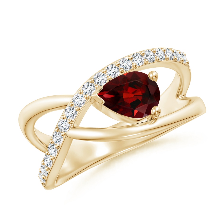 7x5mm AAA Criss Cross Pear Shaped Garnet Ring with Diamond Accents in Yellow Gold 