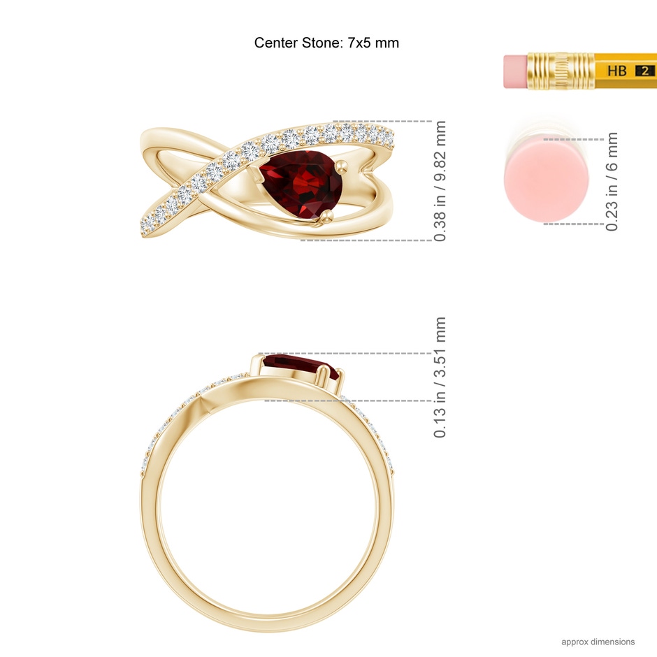 7x5mm AAA Criss Cross Pear Shaped Garnet Ring with Diamond Accents in Yellow Gold ruler