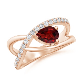7x5mm AAAA Criss Cross Pear Shaped Garnet Ring with Diamond Accents in 18K Rose Gold