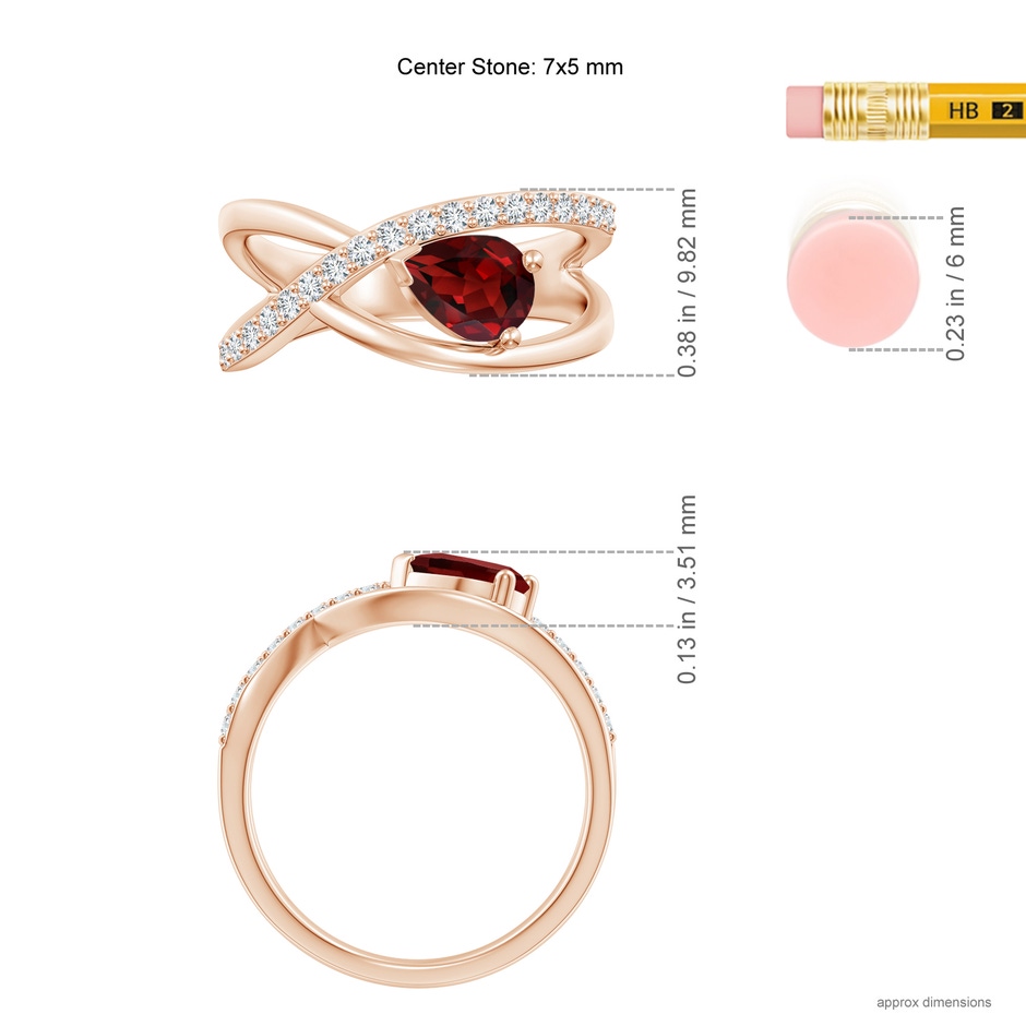 7x5mm AAAA Criss Cross Pear Shaped Garnet Ring with Diamond Accents in 18K Rose Gold ruler