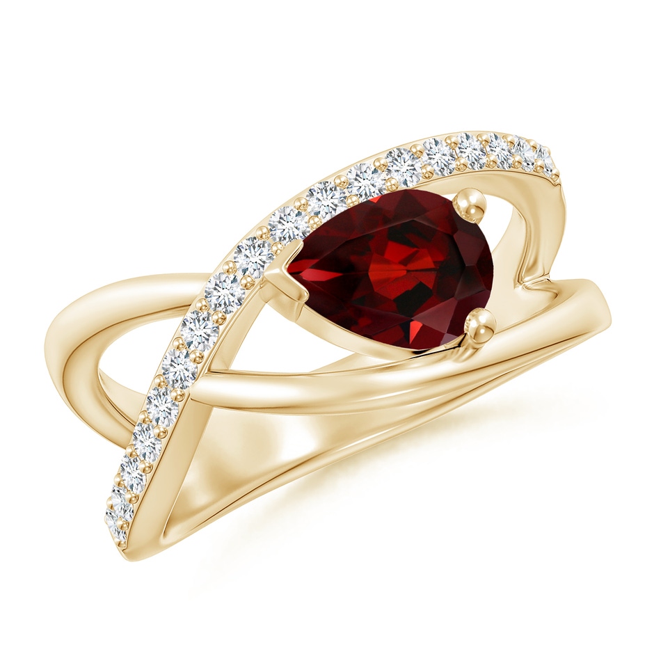 8x6mm AAA Criss Cross Pear Shaped Garnet Ring with Diamond Accents in Yellow Gold 