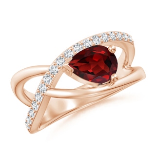 8x6mm AAAA Criss Cross Pear Shaped Garnet Ring with Diamond Accents in 18K Rose Gold