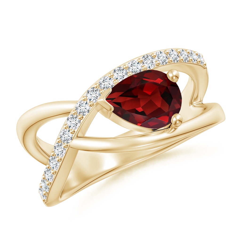 8x6mm AAAA Criss Cross Pear Shaped Garnet Ring with Diamond Accents in Yellow Gold